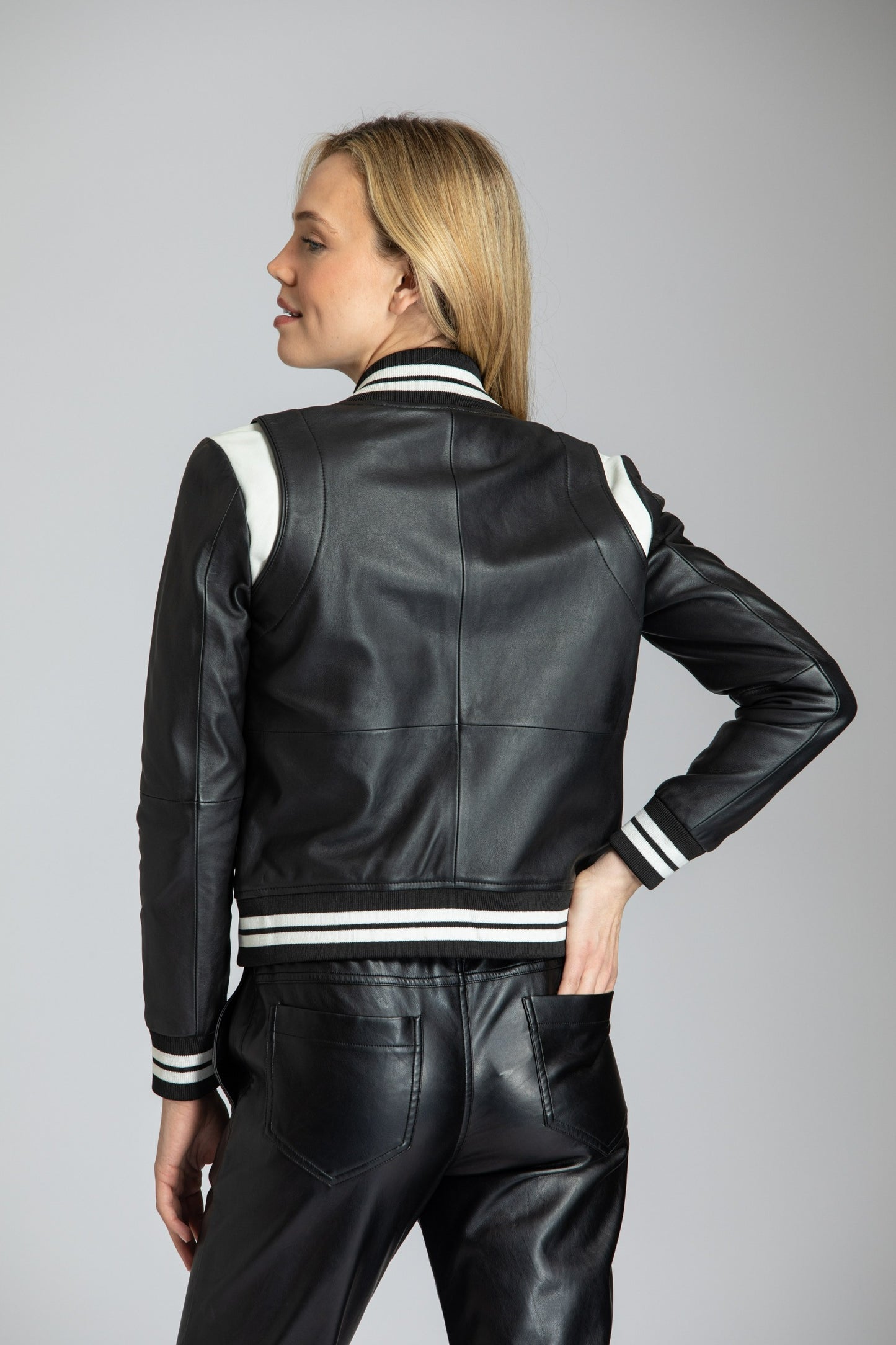 Varsity Leather Jacket With Stripe Rib Trim