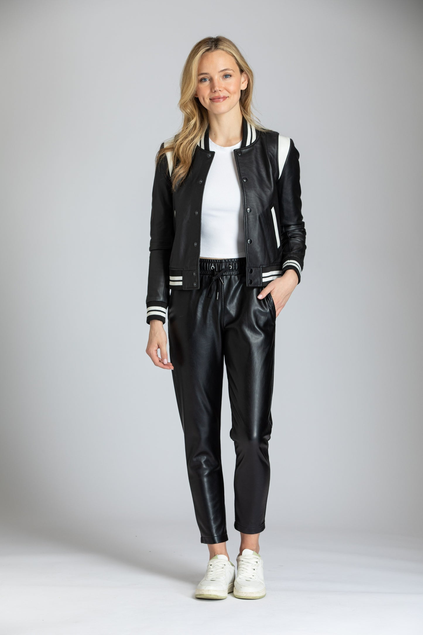Varsity Leather Jacket With Stripe Rib Trim