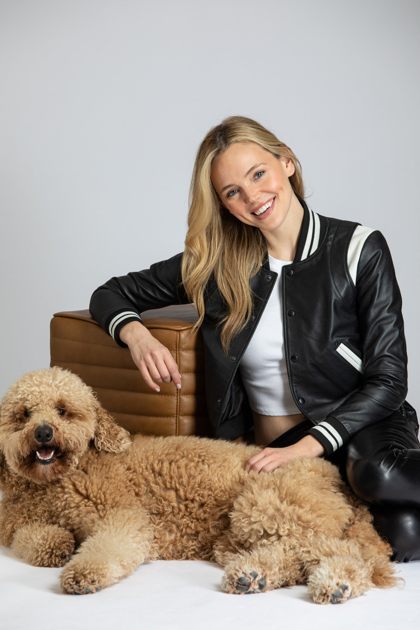 Varsity Leather Jacket With Stripe Rib Trim