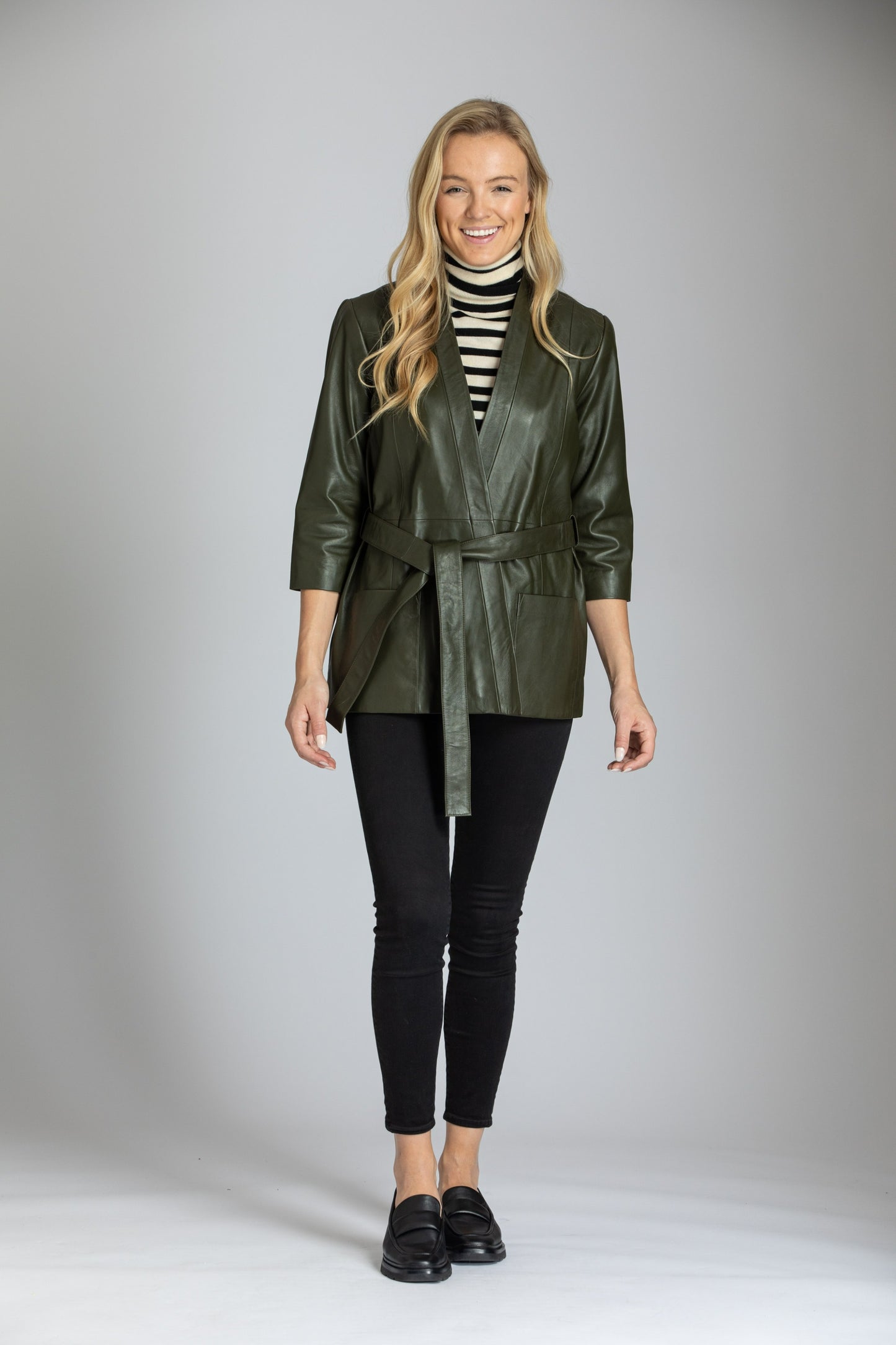 Lamb Leather Belted Blazer Jacket