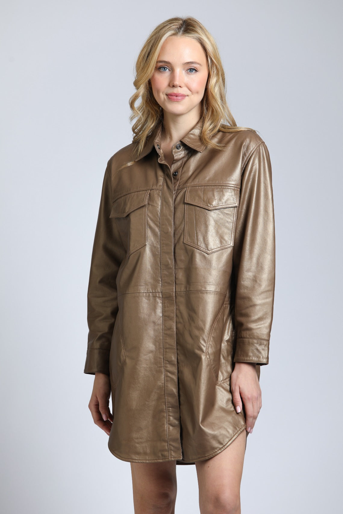 Snap Up Shirt Dress In Lamb Leather Snap Up Shirt Dress In Lamb Leather