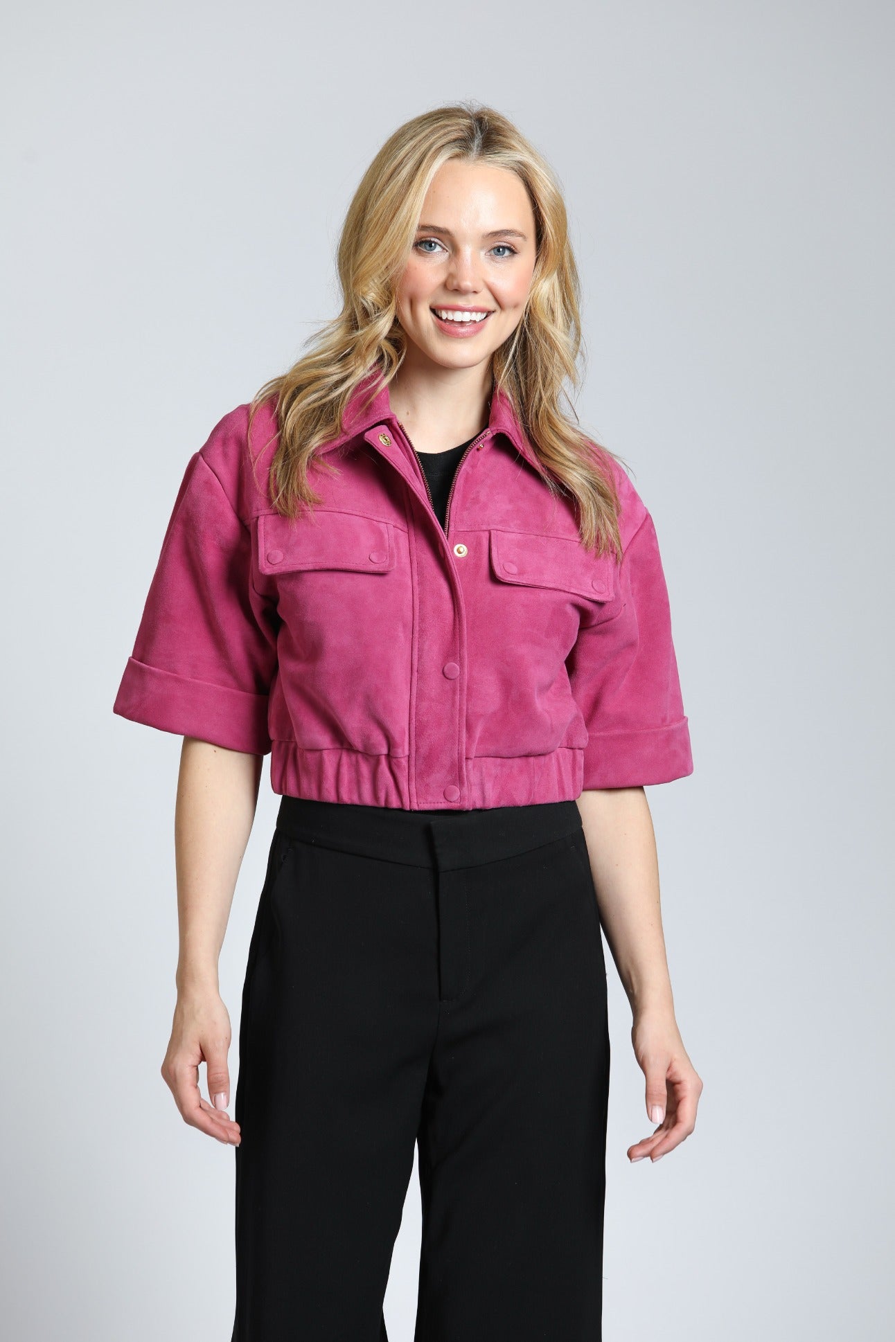 Cropped Goat Suede Jacket With Gathered Waist