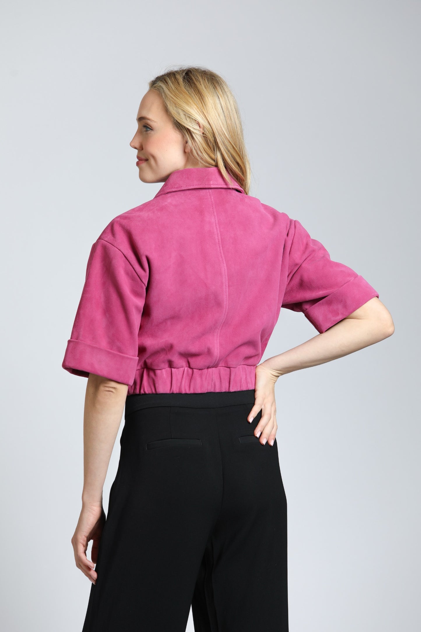 Cropped Goat Suede Jacket With Gathered Waist