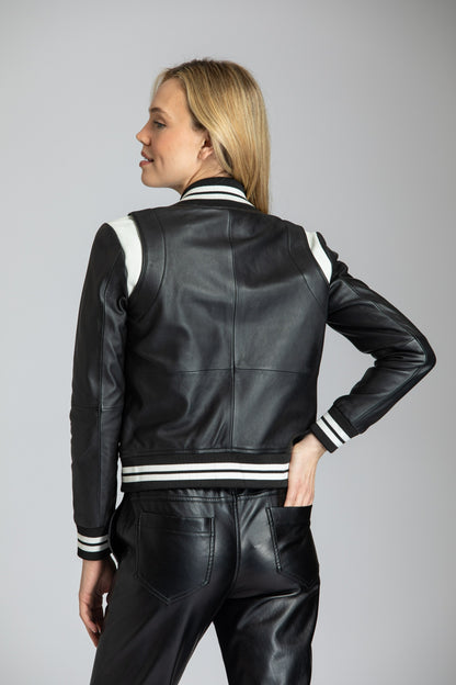 Varsity Leather Jacket With Stripe Rib Trim