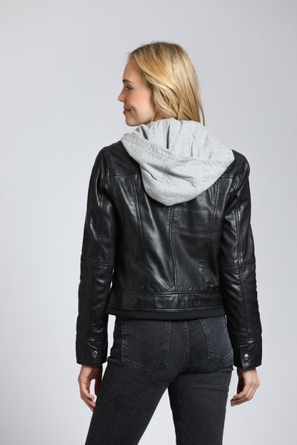 Lamb Leather Jacket With Heather Grey Detachable Hoodie