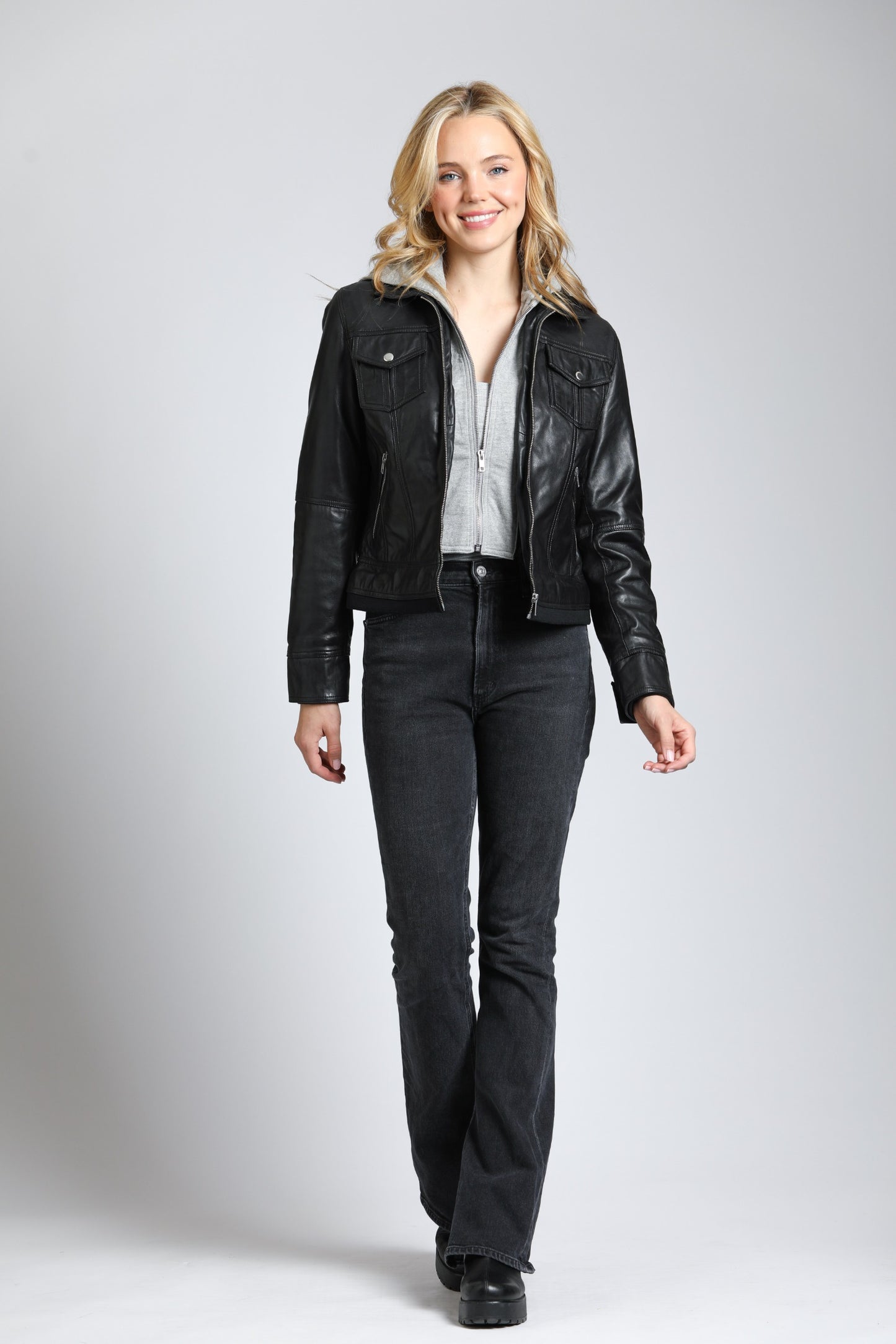 Lamb Leather Jacket With Heather Grey Detachable Hoodie