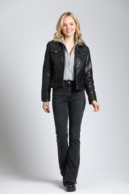 Lamb Leather Jacket With Heather Grey Detachable Hoodie