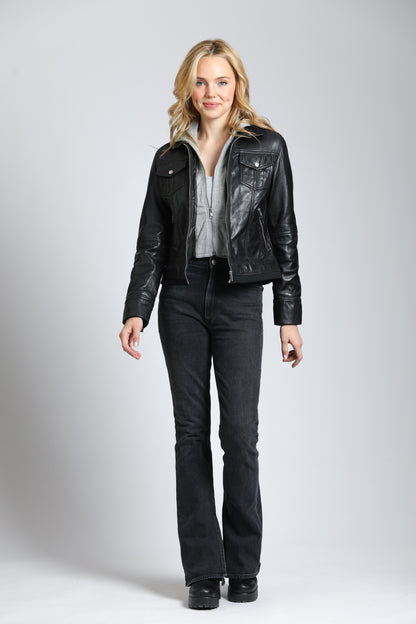 Lamb Leather Jacket With Heather Grey Detachable Hoodie