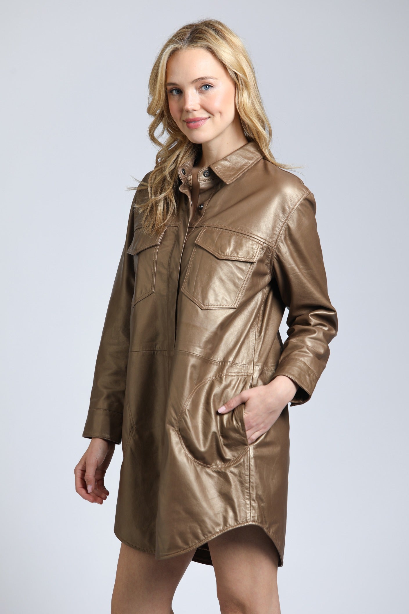 Snap Up Shirt Dress In Lamb Leather Snap Up Shirt Dress In Lamb Leather